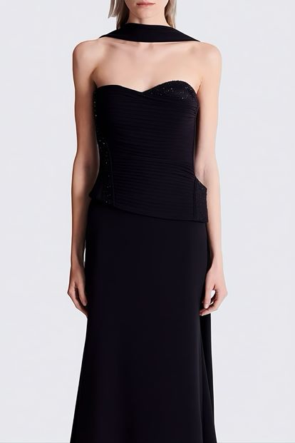 Siyah Işıltı Detaylı Abiye Elbise